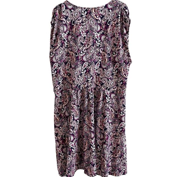 Lands End Faux Wrap Paisley Stretch Dress 3X Purple Plus Size V Neck Classic - Picture 2 of 12